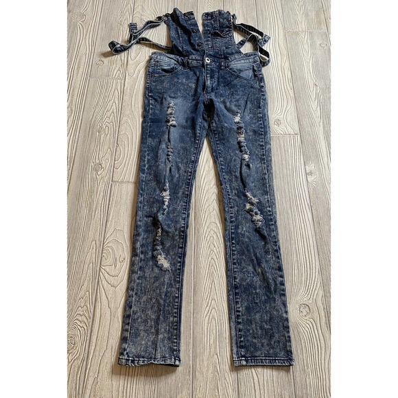JCJQ Denim Skinny Overalls Womens L 30x30 Stonewash Stretch Torn Distressed - Picture 2 of 12